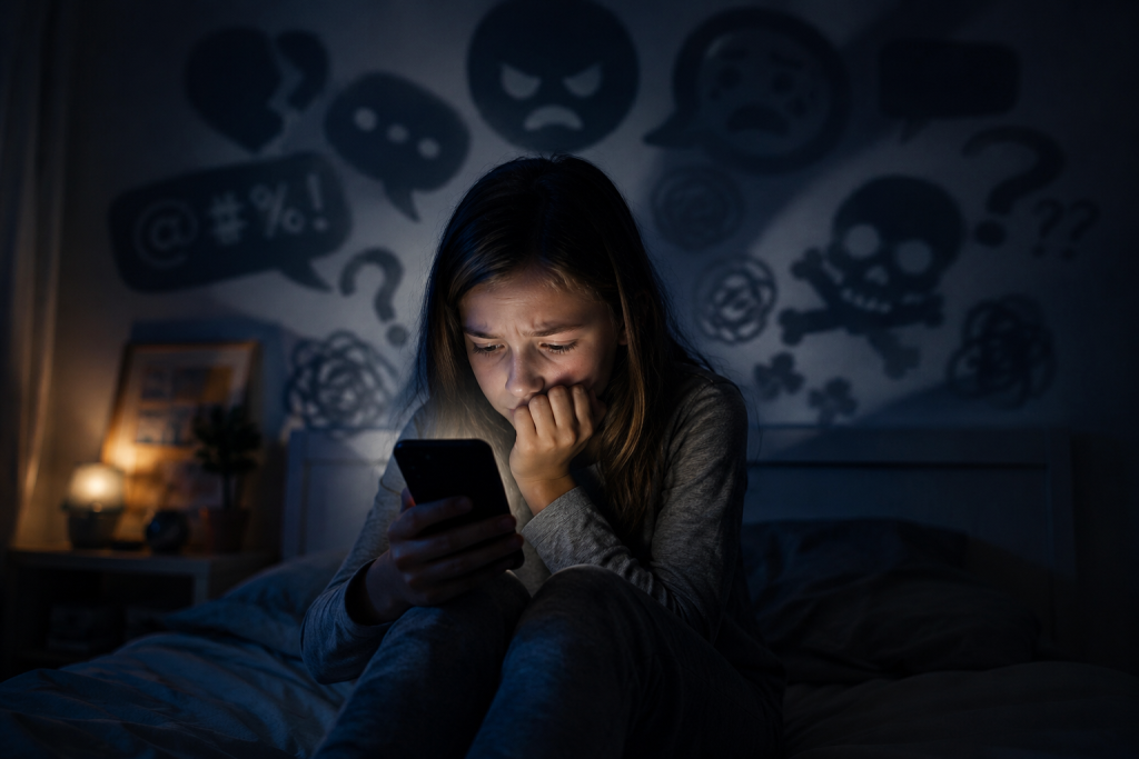 a child sitting in the dark looking anxious