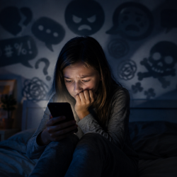 a child sitting in the dark looking anxious
