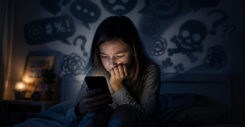 a child sitting in the dark looking anxious